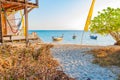 Beach and house in the morning with walkpath and longtail boat i Royalty Free Stock Photo