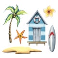 Beach house, sand, surfboard, starfish, plumeria flower and coconut palm. Watercolor illustration. A small set from the Royalty Free Stock Photo