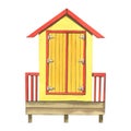 Beach house, surf garage, orange, red and yellow, wooden, striped. Watercolor illustration. An isolated object from the