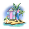 A beach house with a surfboard on a tropical island with palm trees, flowers and coconuts on a background of azure sea