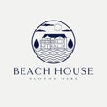 Beach house vector logo design. Home and waves logotype. Royalty Free Stock Photo