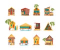 Beach houses. Funny buildings for summer vacation tropical bungalow cabins and constructions vector