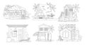 Beach Houses Outline Black and White Icons Set. Summer Huts with Seaside Living Essentials From Surfboards To Palm Trees Royalty Free Stock Photo