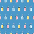 Beach houses seamless pattern. Cute summer cartoon illustrations in simple hand drawn childish scandinavian style. Tiny Royalty Free Stock Photo