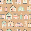 Beach houses and trailers seamless pattern. Cute summer cartoon illustration in simple hand drawn childish scandinavian Royalty Free Stock Photo