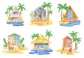 Beach houses, tropical buildings, summer huts and bungalow placed on exotic island isolated set Royalty Free Stock Photo