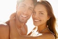 Beach, hug and portrait of couple smile for summer sunshine, outdoor wellness or travel holiday in Argentina. Happiness Royalty Free Stock Photo