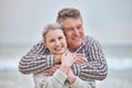 Beach, hug and portrait of senior couple relaxing in Australia with smile, love and happiness on pension. Elderly Royalty Free Stock Photo