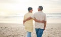 Beach, hug and rear view of senior couple with love, bond and happy while walking in nature together. Back, embrace and Royalty Free Stock Photo