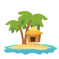 Beach hut or bungalow with straw roof, wooden on tropic island with palm tree in cartoon style isolated on white