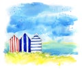 Beach huts by the sea, watercolor  painting Royalty Free Stock Photo