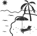 Beach icon with parasol, sun lounger and palm tree by the water. Royalty Free Stock Photo