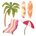 Beach Icon Set - cartoon equipment - lounger, palm tree, board, umbrella Royalty Free Stock Photo