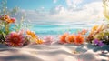 a beach-inspired background with light sand adorned by scattered flowers as decor, with ample copy space, evoking a
