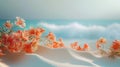 a beach-inspired background with light sand adorned by scattered flowers as decor, with ample copy space, evoking a