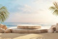 Beach-inspired product display with a beige podium, surrounded by an assortment of seashells, against a serene ocean and