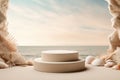 Beach-inspired product display with a beige podium, surrounded by an assortment of seashells and corals, against a