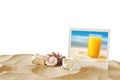 Beach with instant photo in front of sea background Royalty Free Stock Photo