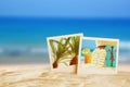 Beach with instant photos in front of summer sea background Royalty Free Stock Photo