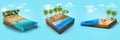 Beach island isometric design. Tropical island with blue ocean and sand, fish, palm tree, waves. 3d illustration travel ad. Royalty Free Stock Photo