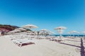 Beach and Italian Tyrrhenian coast with a multitude seamsless of beach umbrellas, deckchairs for vacationers. Trees and nature in