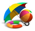 Beach items: color umbrella, ball and lifesaver