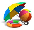 Beach items: color umbrella, ball and lifesaver Royalty Free Stock Photo