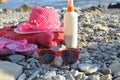 Beach items for resort flat lay. Top view, things for swimming and relaxation, sunbathing on the beach on the beach