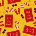 Beach items seamless pattern. Repeating background with swimwear, beach towel, sunglasses , flip flops on yellow sand Royalty Free Stock Photo