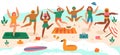 Beach jumping people. Young happy characters summer vacation activities, laughing teenagers group jump, having fun at Royalty Free Stock Photo