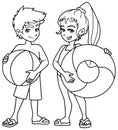 Beach Kids with Accessories Line Art Royalty Free Stock Photo