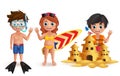 Beach kids vector characters set. Young boys and girl playing sand castle and doing beach activities