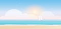 Beach landscape, cartoon seascape scenery with sea or ocean water waves, yacht sailboat
