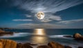 Beach landscape, full moon over the sea. AI art generated