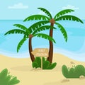 Beach landscape. Palm trees with a wooden pointer to the surf station. Flat vector illustration Royalty Free Stock Photo