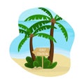 Beach landscape. Palm trees with a wooden pointer to the surf station. Royalty Free Stock Photo