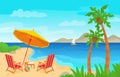 Beach landscape with umbrella. Tropical ocean rest, exotic panorama with palms, yacht and mountains. Seaside resting Royalty Free Stock Photo