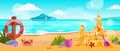 Beach landscape, vector summer ocean horizontal view, surf, crab, sand castle, lifebuoy, rocks, clouds.