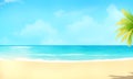 Beach lanscape with palms, beach and sea. Cartoon style background of sea shore. Good sunny day. Tropical landscape of coast