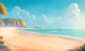 Beach lanscape with palms, beach and sea. Cartoon style background of sea shore. Good sunny day. Tropical landscape of coast