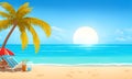 beach lanscape with sun and palms, sunny background with beach and sea. Cartoon style background of sea shore. Good sunny day.