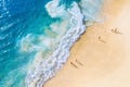Beach and large ocean waves. Coast as a background from top view. Blue water background from drone. Summer seascape from air.