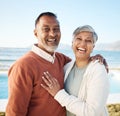Beach, laughing and portrait of senior couple on vacation or holiday together with love in nature at sea or ocean Royalty Free Stock Photo