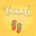 Beach letterin hand drawn and step-ins. Abstract decorative diagonal crumpled wavy striped textured background. Yellow