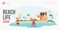 Beach Life Landing Page Template. Lifeguard Male Character Yell to Megaphone on Shore with Flag and Tower to Swim Women