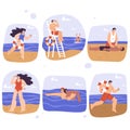 Beach Lifeguard Man and Woman Character Supervising and Rescue Vector Set Royalty Free Stock Photo