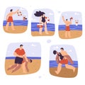 Beach Lifeguard Man and Woman Character Supervising and Rescue Vector Set