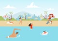 Beach lifeguard watching people, vector illustration. Man woman character swim at summer sea water, travel vacation near