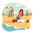 Beach lifeguards. Emergency assistance drowning situation, woman do indirect heart massage to man, ambulance service on Royalty Free Stock Photo