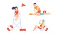 Beach Lifeguards Ensuring Safety and Providing First Aid Set, Professional Rescuers Characters in Action Cartoon Vector